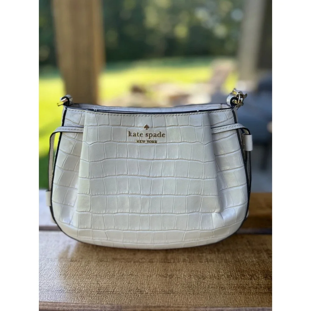 Kate Spade NY Dumpling Croc Embossed Leather Designer Crossbody Bag Bare Ivory